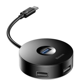 HUB extern Baseus Airjoy, porturi USB: USB 3.0 x 1 + USB 2.0 x 3,conectare prin USB Type-C, rotund, lungime cablu 10 cm, negru,"CAHUB-G01