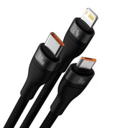 Cablu de date si incarcare rapida, 3 in 1, Baseus Flash, USB A la USB-C, Micro USB, tip lightning, 100W, 1.2 metri, Negru