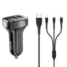 Incarcator Auto C13 + Cablu U35 Micro-USB, Lightning, Type-C 2A - USAMS Kit King Tu Series - Black
