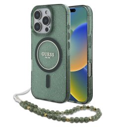 Husa Husa pentru iPhone 16 Pro Max - Guess IML Glitter with Pearl Strap MagSafe (GUHMP16XHGCRELSA) - Green