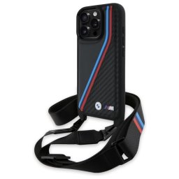 Husa iPhone 16 Pro - Leather M Edition Carbon Tricolor Lines & Strap (BMHCP16L23PSVTK) - Black