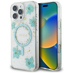 Husa Husa pentru iPhone 16 Pro - Guess Hardcase Resin Flowers and Glitter MagSafe (GUHMP16LRBFGFGMQ) - Turquoise
