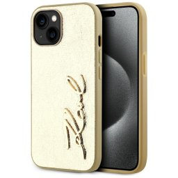 Husa Husa iPhone 15 - Karl Lagerfeld Hardcase Leather (KLHCP15SPFMFBKMD) - Gold Metal Signature