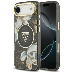 Husa Husa pentru iPhone 17 Air - Guess IML Metal Glitter Flowers Triangle MagSafe (GUHMP17MHFLPEDK) - Black