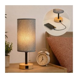 Brilagi - Lampă de masă cu port USB TABLON 1xE27/25W/230V stejar/negru/gri