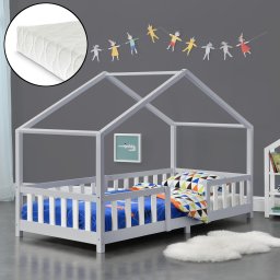 Pat copii tip casuta Treviolo 90x200 cm cu saltea si protectie, gri/alb