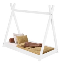 Pat pentru copii TeePee din lemn alb, cu somiera inclusa, 146x74x130 cm