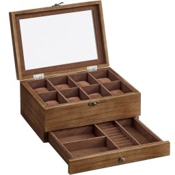 Cutie pentru ceasuri din lemn masiv Songmics, 8 compartimente si sertar bijuterii, nuc rustic