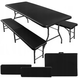 Set masa pliabila cu 2 banci tip valiza, 180 cm, negru, 6 persoane