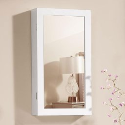 Dulap de bijuterii cu oglinda Songmics, montare pe perete, alb, 37x67 cm