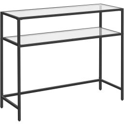 Masa consola VASAGLE cu 2 niveluri, sticla securizata si cadru metalic, neagra