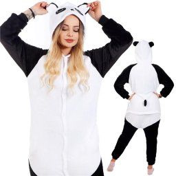 Pijama salopeta pentru adulti Panda, pufoasa, alb-negru, marimea M
