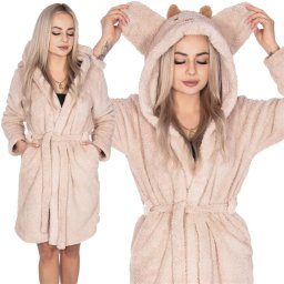 Halat de baie dama bej, cu gluga cu urechi, moale, marimea L/XL