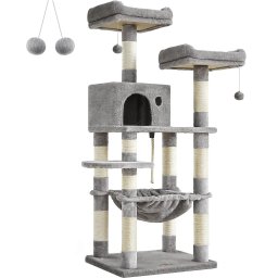 Ansamblu de joaca pentru pisici FEANDREA cu 3 culcusuri, 143 cm, gri deschis