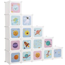 Dulap modular pentru jucarii Songmics, 16 cuburi cu usi, alb, 123x31x123 cm