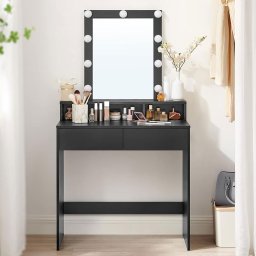 Masa de toaleta Vasagle cu LED, oglinda si 2 sertare, 80x40x145 cm, negru