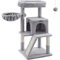 Ansamblu de joaca pentru pisici FEANDREA cu culcus si ascunzatoare, 96 cm, gri deschis