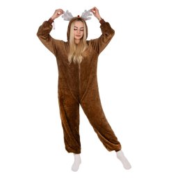 Pijama salopeta pentru adulti Ren, pufoasa, maro, cu gluga, marimea L