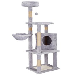 Ansamblu de joaca pentru pisici cu sisal, casuta si culcus, 124 cm, gri