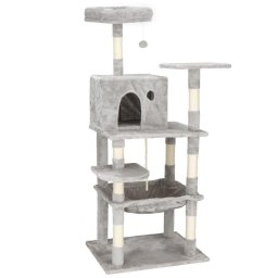 Ansamblu de joaca pentru pisici cu sisal, casuta si culcus, 145 cm, gri