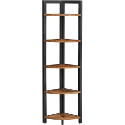 Biblioteca de colt VASAGLE cu 5 rafturi, stil industrial, maro rustic