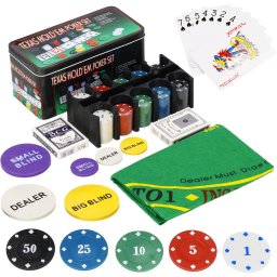 Set poker Texas Hold'em cu 200 jetoane, 2 pachete carti si cutie metalica