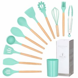 Set 12 ustensile de bucatarie din silicon termorezistent cu bambus, verde