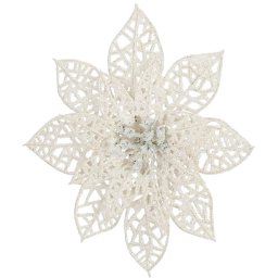 Set 10 ornamente pentru brad Poinsettia, 14 cm, alb cu sclipici