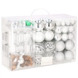 Set globuri si decoratiuni de Craciun argintii, 102 piese, modele diverse