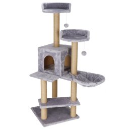 Ansamblu de joaca pentru pisici cu stalpi sisal, culcus si casuta, 129 cm, gri