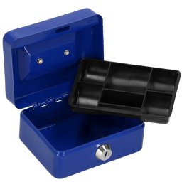 Caseta pentru bani metalica cu cheie, 6 compartimente, 12,5x9,5x6,5 cm, albastra