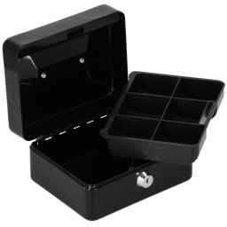 Caseta pentru bani metalica cu cheie, 6 compartimente, 15x12x8 cm, neagra