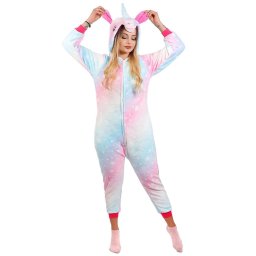 Pijama salopeta dama unicorn pufoasa cu gluga si fermoar, marimea M