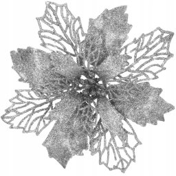 Set 10 ornamente brad Craciun Poinsettia argintii, 16 cm, cu clips