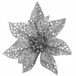 Set 10 ornamente Poinsettia argintii pentru brad, 10 cm, cu clips