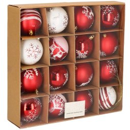 Set globuri de Craciun rosu alb, 16 bucati, 8 cm, modele festive