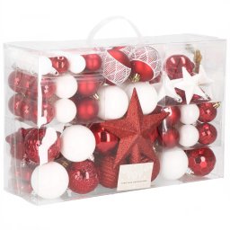 Set globuri si decoratiuni pentru bradul de Craciun, 105 piese, alb rosu