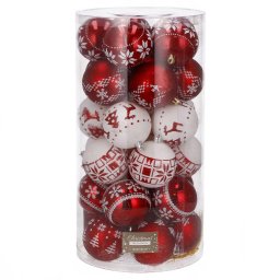 Set 30 globuri de Craciun alb-rosu, 5 cm, cu modele festive