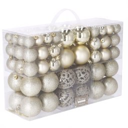 Set 100 globuri de Craciun aurii din plastic, 3-6 cm, diverse modele