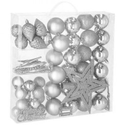 Set globuri de Craciun argintii, 51 piese, decoratiuni incasabile