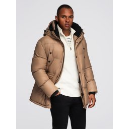 Ombre Men's long puffer jacket with snap pockets - brown
