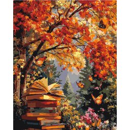 Set pictura pe numere, cu sasiu, Lectura de toamna cu fluturi, 40x50 cm