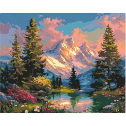 Set pictura pe numere, cu sasiu, Peisaj alpin la apus de soare, 40x50 cm