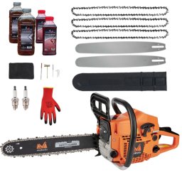 *PACHET* 55cmc Drujba benzina + 3 lanturi + 2 lame + x2 ulei ungere lant 1L + x2 ulei amestec 0.5L + x2 bujii + accesorii + manusi protectie, Evotools PROFFESIONAL 682858