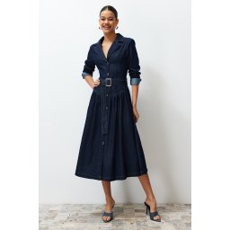 Trendyol Blue Belted Jacket Collar Maxi Denim Dress