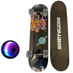 Skateboard pentru Copii, din Lemn, cu roti luminoase, 80 cm - Rocket Off Negru