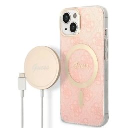 Husa Set Guess GUBPP14SH4EACSP Case+ Charger iPhone 14 6.1" pink/pink hard case 4G Print MagSafe