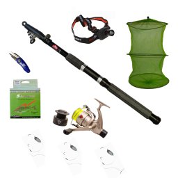Set pescuit cu o lanseta, mulineta, guta, forface, lanterna LED si forfecuta