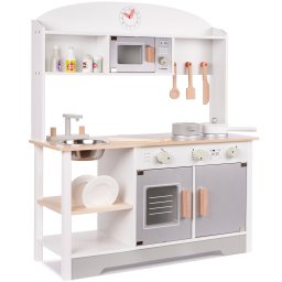 Bucatarie din lemn pentru copii cu accesorii, MDF si lemn, gri alb, 68x25x82 cm