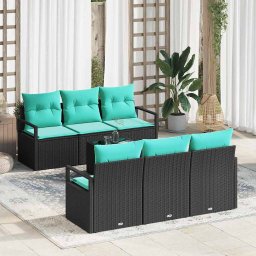 Set de canapea cu perna Manual 7 pcs Negru si Turcoaz poliratan GartenMobel Dekor